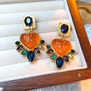 Anthropologie Vintage Gold and Multicolor Heart Earrings